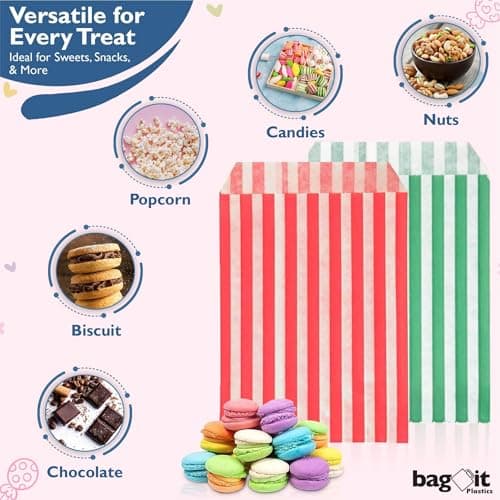 Bag It Plastics Candy Stripe Paper Sweet Bags | Gold | 5" x 7" / 125x175mm | Pack of 100 | Multipurpose Use for Sweets, Popcorn, Wedding Favours, Pick and Mix & Cookies! — view 4