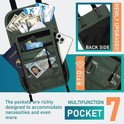 sundee Travel Neck Wallet with Double Zippers, RFID Blocking Passport Holder with Adjustable Neck Strap for Men and Women to Keep Cash, Credit Cards and Travel Documents Safe, Olive Green, Small, — view 2