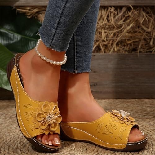 YIzdegg Women's Summer Elegant Arch Support Mules Orthopaedic Summer Sandals Open Cap Sandals Leather Vintage Sandals Summer Shoes Outdoor Leisure Shoes, yellow, 5 UK — view 2