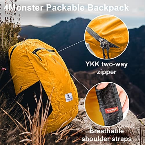 4Monster Packable Backpack Ultra Lightweight, Foldable Backpack Water Resistant, Hiking Daypack for Travel Camping Outdoor, Daily Walk-around, Cycling, Sports, Excursions(Orange, 24L) — view 5