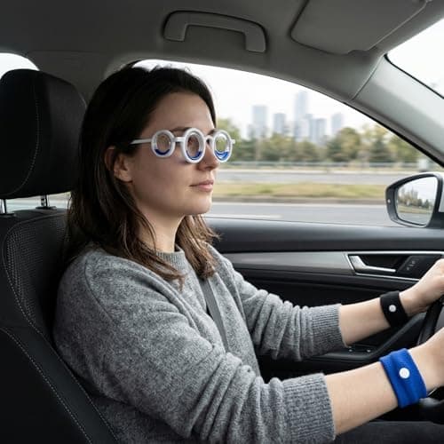 1 Piece Travel Sickness Glasses, Anti-Motion Sickness Smart Glasses Relieve Carsickness Airsickness Seasickness Glasses, Comes with 2 Pairs of Wrist Guards (Blue, Black) and 1 Glasses Bag — view 4