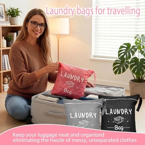 3 PCS Travel Laundry Bags, Portable Laundry Travel Bag with Zipper and Handle, Laundry Bags for Travelling Gym Camping for Dirty Clothes (Black Gray Pink) — view 5