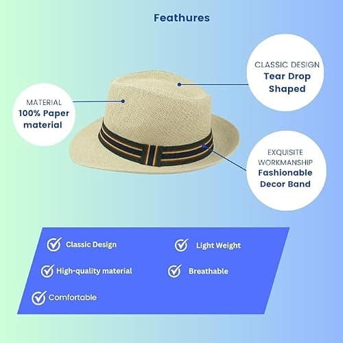 RockParty Unisex Panama Style Straw Fedora Hat – Classic Summer Trilby Sun Hat for Beach, Travel, Outdoor Fashion & Holiday Wear (Beige Black & Blue) — view 4