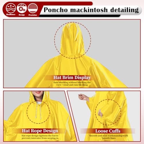 CHGANG Waterproof Poncho Adult, Reusable Rain Poncho Lightweight Waterproof Raincoat Emergency with Hood for Outdoor Hiking Camping Cycling Traveling (Yellow) — view 2