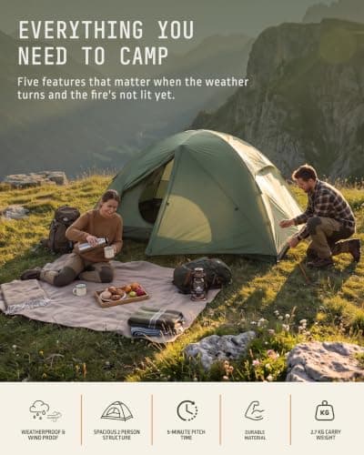 Voyager 2 Man Tent - Waterproof, Windproof, Quick Setup, Spacious 2-Person Camping Tent, Durable, Lightweight Outdoor Shelter, Ideal for Hiking, Backpacking, Camping- 225x135x110cm (Green) — view 2