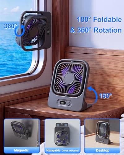 WISFISSH Ultra Thin Magnetic Cruise Fan, Portable Travel Fan Rechargeable with LED Display, 4 SPeed Foldable Cruise Approved Desk Fan for Ship Cabin, Gym, Office, Bedroom - Grey — view 4