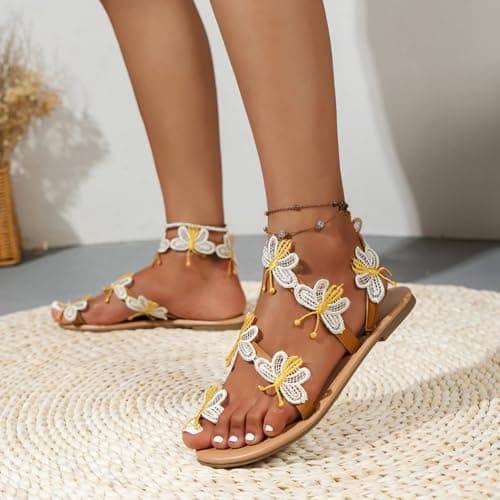 Summer Beach Flat Sandals for Women 2026 Butterfly Open Toe Ankle Wrap Strap Slip On Colorful Embroidery Bohemian Sandals Lightweight Non Slip Breathable Poolside Music Festival Casual Walking Shoes — view 3
