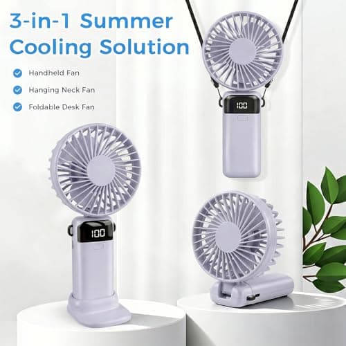 CNMTCCO Handheld Fan, Rechargeable Portable Fan with LED Display, 5 Speeds Mini Fan 90-Degree Foldable Hand Fan, USB Desk Fan for Home Office Bedroom Outdoor Travel (Purple) — view 6