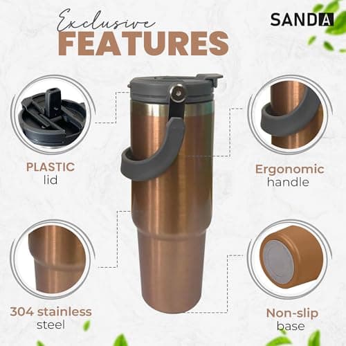 Sanda Rose Gold Travel Mug with Handle 30oz 900ml Double Wall Stainless Steel Insulated Water Bottles Tumbler with Straw 2-in-1 Leakproof Lid for Cold and Hot Drinks Portable Travel Coffee Mug — view 3