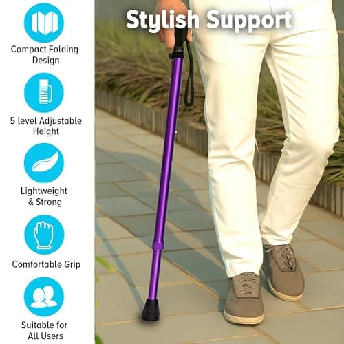 Life Healthcare Folding Walking Stick, Adjustable Aluminium Cane, Purple — view 6