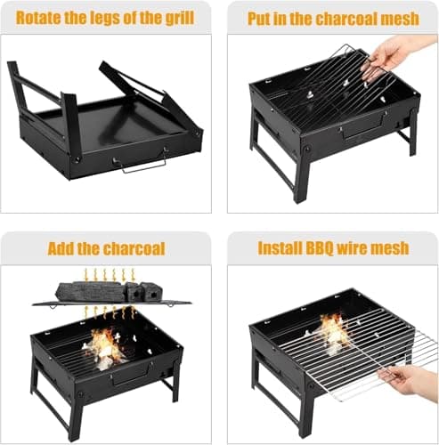 Uten Barbecue Grill Portable, Charcoal Barbecues, Stainless Steel BBQ, Desk Tabletop Outdoor Barbecue Grill, Charcoal BBQ Pit Grill for Picnic Garden Camping Travel (20.47''x11.61''x8.74'') — view 5
