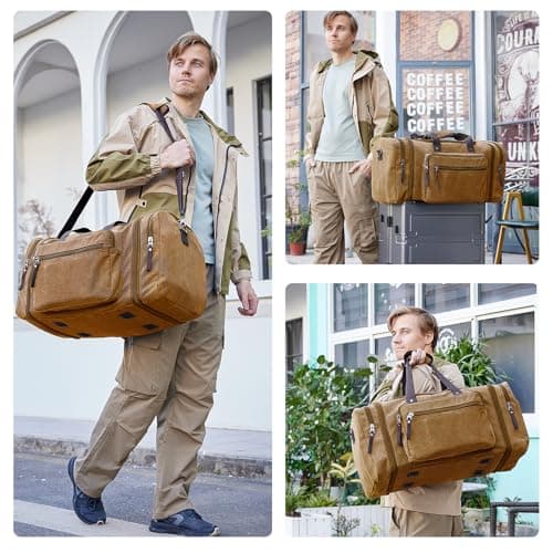 EKOROMIER Large Canvas Travel Holdall for Men – Expandable Duffel Bag – Extra Spacious Weekend Bag for Holidays, Gym & Long Trips – Camel Brown 70L — view 2