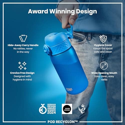 ION8 Kids Water Bottle, 350 ml/12 oz, Leak Proof, Easy to Open, Secure Lock, Dishwasher Safe, BPA Free, Carry Handle, Hygienic Flip Cover, Easy Clean, Odour Free, Carbon Neutral, Blue — view 6