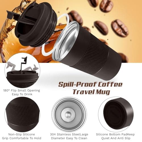 KANGSIT Travel Mugs, Insulated Coffee Cup with Leakproof Lid - Travel Mug Vacuum Stainless Steel Double Walled Mug for Hot and Cold Coffee Water and Tea - 380ml (Brown) — view 5