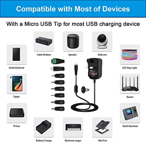 Universal Power Adapter 12W,Etopgo AC Adapters DC Power Supply Multi Voltage 3V 4.5V 5V 6V 7.5V 9V 12V 1A With 8 Tips For Electronic Devices LED Strip Lights CCTV Camera TV-Box Speakers Router Tablet — view 5
