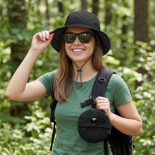 FACHOI Bucket Hat Women Men, Waterproof Sun Hat Foldable UV Protection Summer Hats Adjustable Chin Strap Quick Dry Boonie Hat Fishing Walking Hiking Camping Travel F4-ZDYFM(Black) — view 3