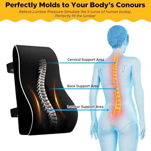 wiksite Lumbar Support Cushion - Back Support Cushion for Office Chairs/Car Seat Memory Foam Large Pillow Mesh Back Rest for Recliner with Adjustable Straps — view 4