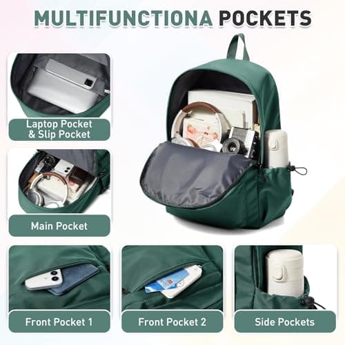 HYC00 School Backpack for Teens Secondary School Bag Girls Boys College Backpack Water Resistant 15.6” Laptop Backpacks for Women Men Anti Theft Rucksack Bags Work Bookbag Student Daypack,Army Green — view 4