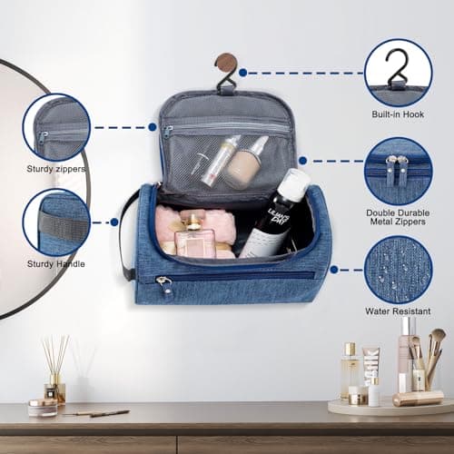 PNEUICALLY Hanging Toiletry Bag for Women and Men Traveling Makeup Large Capacity Cosmetics Portable Dopp Kit Storage Organizer Bag with Hanging Hook for Toiletries Brushes Shaving Tools, Frosted Navy — view 4