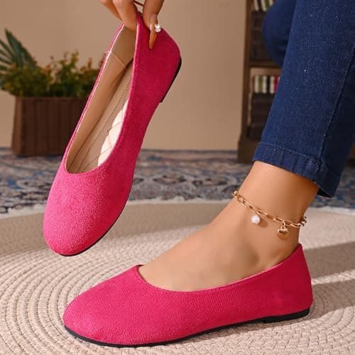 Suede Flat Shoes for Women Size 6 Ballerina Shoes Formal Casual Pumps Work Smart Office Comfort Ladies Ballet Flats Round Toe Shoe Hot Pink Gift — view 3