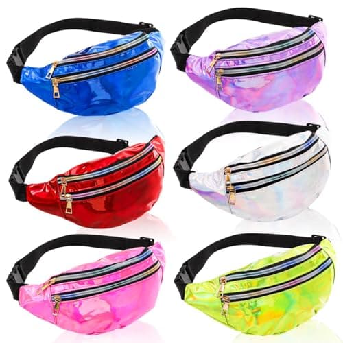 Cididu 6 Pieces Holographic Fanny Pack, Adjustable Shinny Sport Waist Bag Festival, Metallic Color Neon Waist Pack for Outdoors, Travel, Running, Party