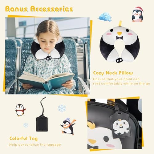 GYMAX 4Pcs Kids Luggage Set, 10” Backpack & 14” Children Hardshell Suitcase with Wheels, Neck Pillow & Name Tag, Toddler Carry On Luggage Set for Travel School (Black+White) — view 5