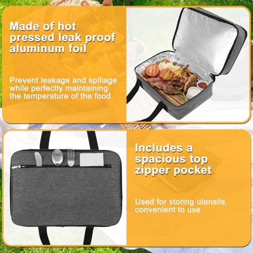 Foppla Insulated Double Casserole Carrier Expandable Thermal Tote Bag Lightweight Thermal Tote with Handles Leakproof Snack Tote Bag Wide Opening Thermal Food Carrier for Work Travels Outdoor(Grey) — view 5