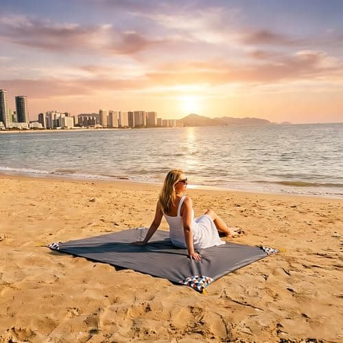 HZJOYUE Outdoor Picnic Blanket 71" x 55" -Compact, Lightweight, Pocket Blanket Best Mat for the Beach, Hiking, Travel, Camping, Festivals with Carabiner,Pockets, Loops, Stakes — view 4