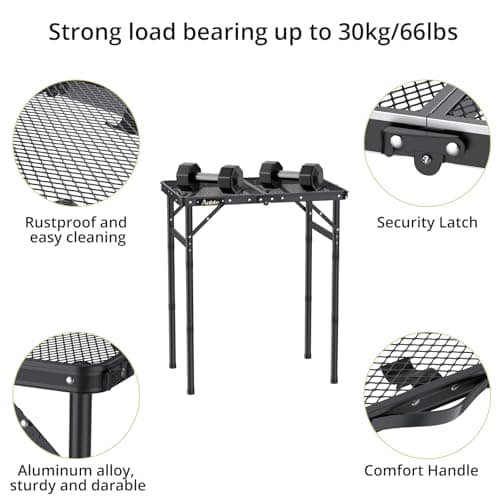 Anbte Folding Grill Table, 3 Adjustable Heights Aluminum Camping Table with Heat-Resistant Mesh Desktop, Lightweight outdoor Table, Portable Handle for Outside BBQ Cooking, 58 cm x 40 cm, Black — view 5