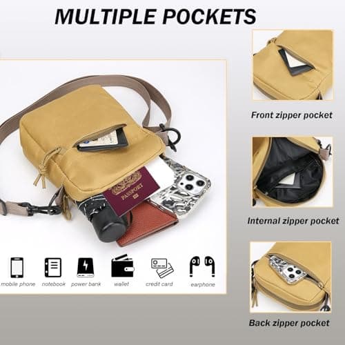 Veyarien Mens Shoulder Cross Body Bag, Small Messenger Bag with Zipper and Adjustable Strap, Nylon and Oxford Crossbody Bags, Casual Chest Sling Bag for Working Travel Daily (Khaki) — view 4