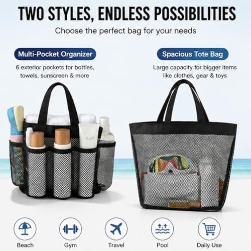 GASGYAI 2 Pack Mesh Beach Bags, Large & Medium Sand-Free Tote Bags with Multiple Pockets, Quick-Dry Mesh Shoulder Bags for Beach, Pool, Shower, Gym, Camping and Travel — view 5