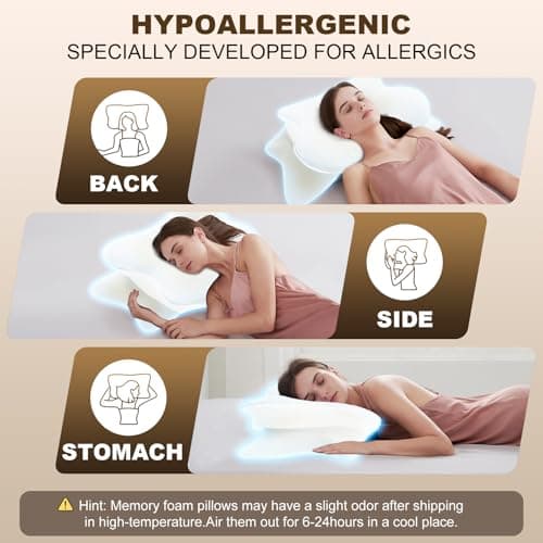 Asbtos Memory Foam Pillow - Cervical Pillows for Neck and Shoulder, Ergonomic Neck Support Pillow with Washable Cooling Ice Silk Cover for Side Back Stomach Sleepers, Beige — view 6