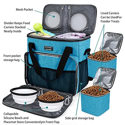 BAGLHER Dog Travel Bag, Pet Travel Bag (All Pet Travel Supplies), with 2 Pet Food Containers and 2 Collapsible Silicone Bowls; Essential Kits for Pet Travel Sky Blue — view 5