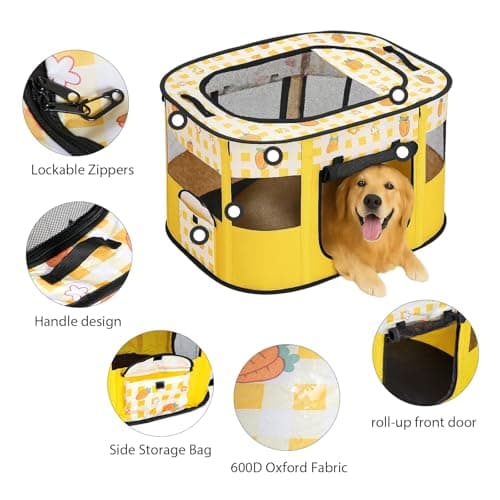 Foldable Pet Playpen, Portable Small Dog Cat Crate, Soft Indoor Outdoor Pet Cage, Puppy Playpen with Mesh Panels, Dog Tent, Cat Playpen, Travel Pet Puppy Cage for Pets (Yellow-L) — view 3