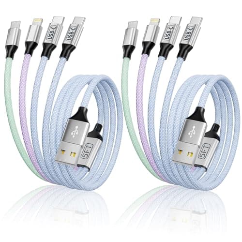 Dual Type C Ports Multi Charging Cable, 4 In 1 USB Cable Travel Charger for Multiple Devices with Two Type-C/Micro/IP Port, [2Pack/5FT] Phone Travel Vacation Essentials for All iPhone/Galaxy/Android