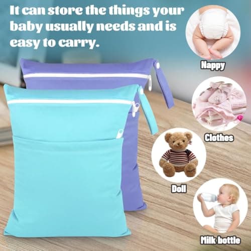 Yoolly 2 Packs Wet Bag, Waterproof Wet Dry Bags, Reusable Washable Cloth Diaper Bags, Nappy Bag with Double Zipper Pockets for Baby Items Swimming Camping Travel Beach Pool Bag (Blue+Purple) — view 4