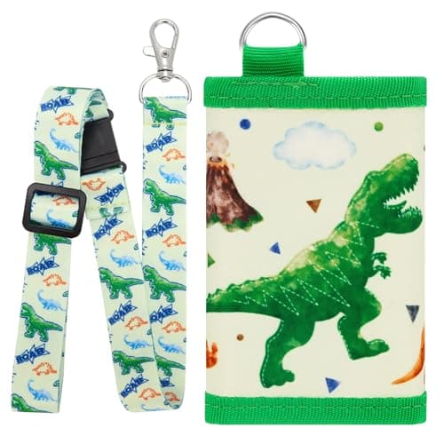 WAWSAM Kids Dinosaur Wallet - Trifold Toddler Wallet with Lanyard, Zippered Coin Pocket, Card Holders for Boys Ages 4-12