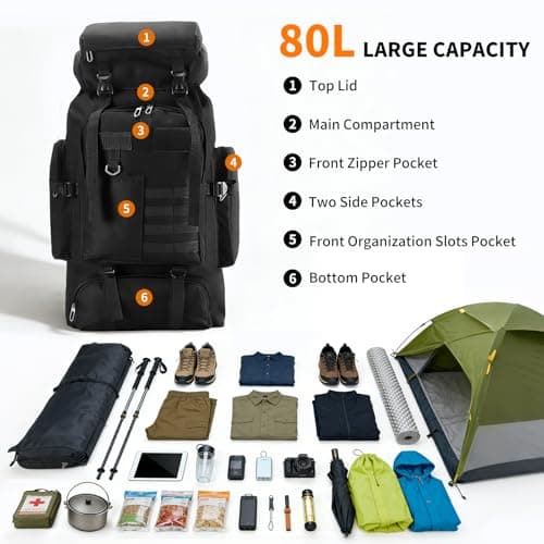 HUAXITRA Hiking Backpack Camping Military Tactical Backpack, 80L Waterproof Large Rucksack Travel Daypack for Men Women, Molle Rucksacks Climbing Backpack for Hunting Rucksack (Black) — view 6