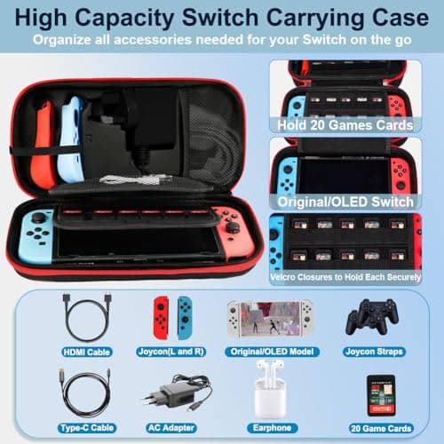 Aolso Switch Carrying Case Compatible with Nintendo Switch/Switch OLED, Portable Hard Shell Pouch Carrying Travel Game Bag with 20 Game Cartridge, Travel Carry Case Fit Joy-Con and AC Adapter (Red) — view 5