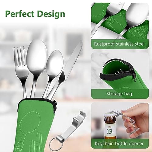 Vicloon 5 Pcs Cutlery Set with Portable Pouch Case, Stainless Steel Flatware Set with Bottle Opener, Travel Cutlery Set with Spoon, Knife, Fork, for Camping Picnic Office School Lunch, Green — view 3