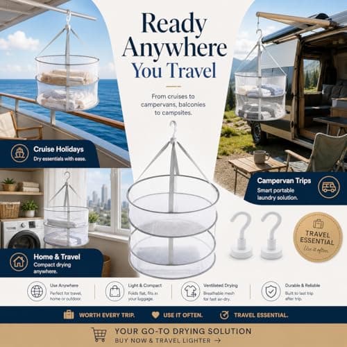 Hanging Mesh Drying Rack for Cruise Ship, Foldable Anti-Deform Laundry Dry Net with 2 Heavy-Duty Magnetic Hooks, Portable Delicates Dryer for Camping, Cruise Ship, Caravan, Lingerie, Socks, Swimwear — view 4