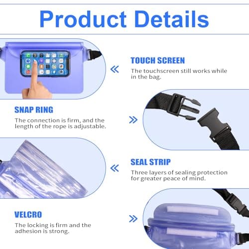 2 Pack Waterproof Pouch Bag with Adjustable Waist Strap, IP68 Waterproof Bumbags and Waterproof Phone Pouches, Large Capacity Dry Bags for Beach, Swimming Bags, Paddleboard Accessories — view 3