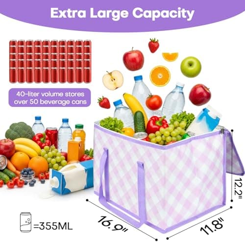 Beautyshow Cool Bag, 40L Large Insulated Bag, Reusable Grocery Shopping Bags with Classic Gingham Design, Foldable Thermal Food Delivery Bags Soft Cooler for Picnic, BBQ, Camping, Beach, Travel, Auto — view 2