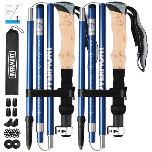 Overmont Hiking Poles Foldable Aluminium Ultralight - Adjustable 105-125 cm Trekking Poles - Nordic Walking Poles 1 Pair with All-Terrain Accessories Blue