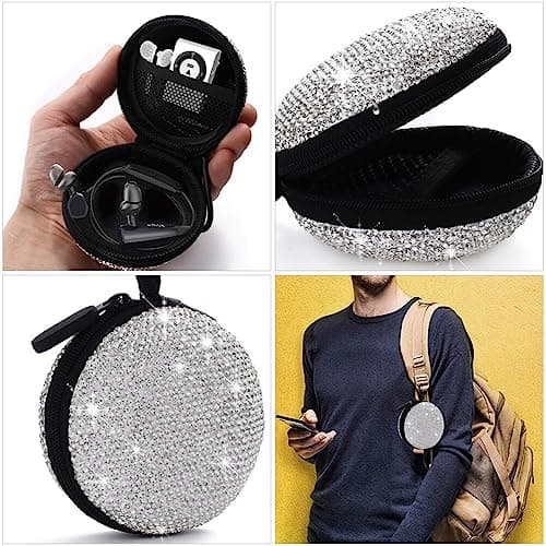 Hemobllo Earphone Case - Earbuds Case Rhinestone Earphone Carrying EVA Earbuds Storage with Carabiner Small Headphone Pouch Travel Organiser Bag for USB Cable — view 6