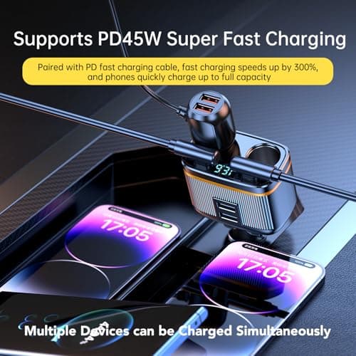 USB C Car Charger Adapter, 145W Super Fast Cigarette Lighter USB Charger Adapter with LED Voltmeter Car Phone Chargers For iPhone Samsung & More — view 3