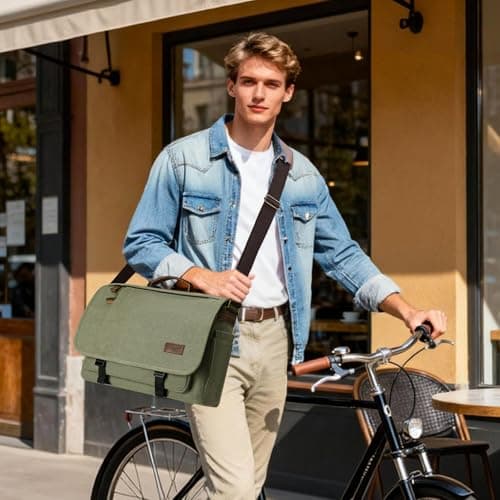 Estarer Messenger Bag 17.3 Inch Upgraded, Water-resistant Canvas Laptop Bag, Computer Shoulder Bag for College Travel Work,Army Green — view 2