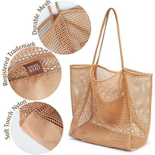 Hoxis Mesh Beach Tote Womens Shoulder Handbag, Tan, Large — view 4