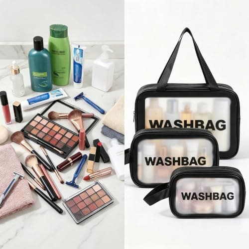 WUBAYI 5Pcs Clear Toiletry Bag, Waterproof PU Makeup Bag with Zipper Handle, Portable Airport Cosmetic Bag for Women & Men, Travel Accessories Wash Bag for Travelling & Holiday (Black) — view 4