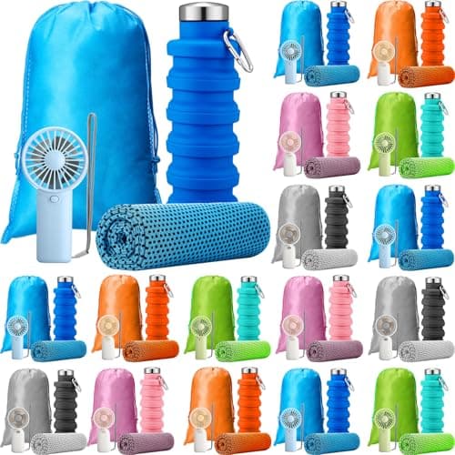 Wovnet 16 Set Theme Park Necessities Cruise Ship Accessory Kit Collapsible Water Bottle Cooling Towel Fan Drawstring Bag for Summer Amusement Park Outdoor Team Travel Cruise Gift Fitness Sport Favor